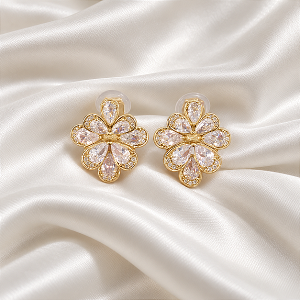 Brinco de Pressão Flor com Zircônia Ouro Semijoia