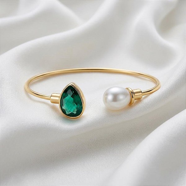 Bracelete Pedras Naturais Esmeralda e Pérola Shell Ouro Semijoia