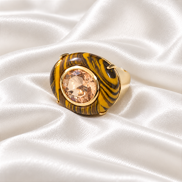 Anel Oval com Cristal e Olho de Tigre Ouro Semijoia