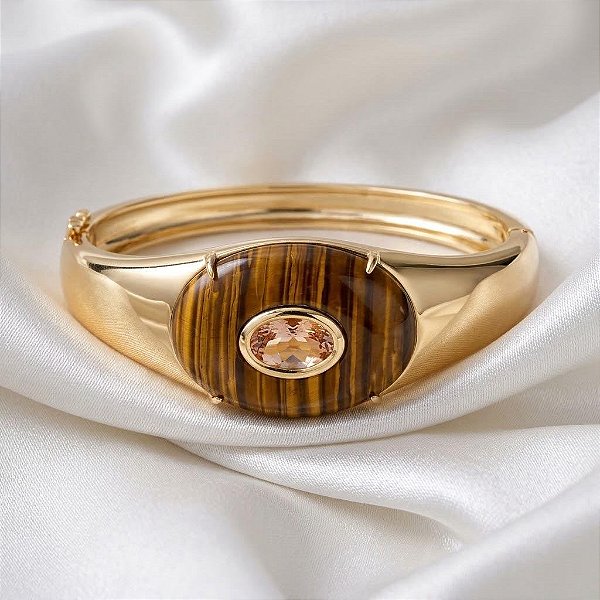 Bracelete Oval com Cristal e Olho de Tigre Ouro Semijoia