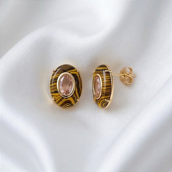 Brinco Oval com Cristal e Olho de Tigre Ouro Semijoia