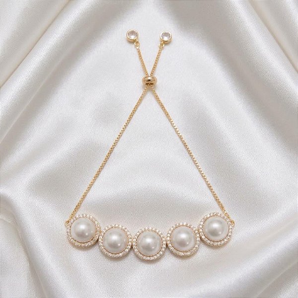 Pulseira Gravatinha Pérolas e Zircônia Ouro Semijoia