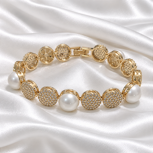 Pulseira Redonda Pérolas e Zircônias Ouro Semijoia