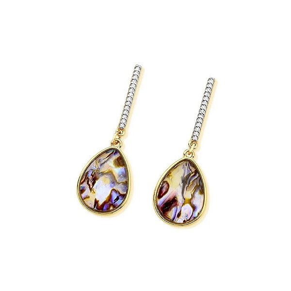 Brinco gota pedra natural abalone zircônia ouro semijoia