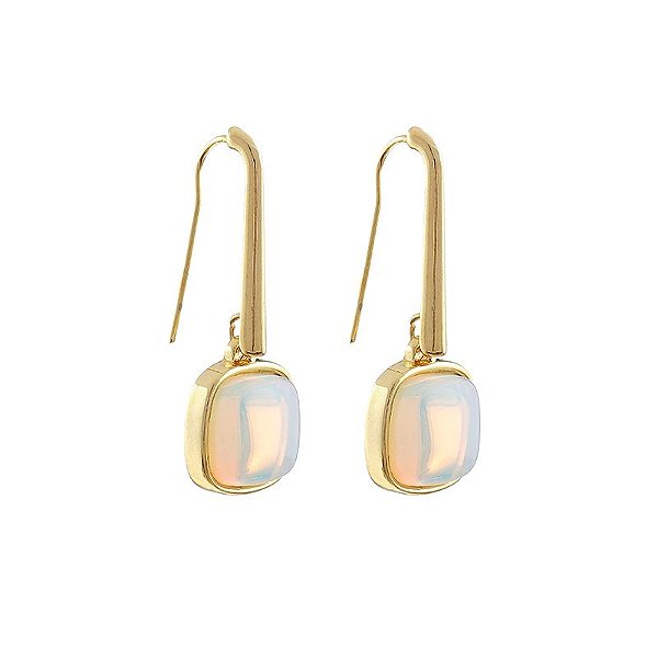 Brinco gancho quadrado pedra natural opalina ouro semijoia