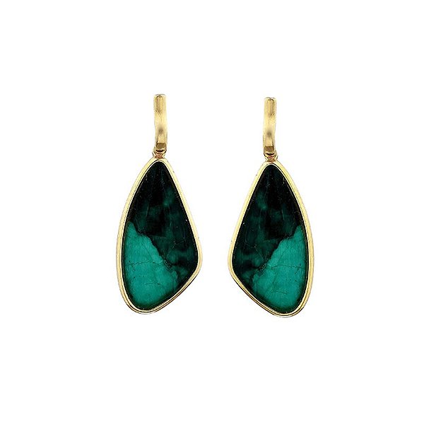 Brinco geométrico pedra natural esmeralda ouro semijoia
