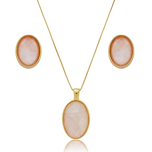 Colar e brinco oval pedra natural madrepérola rosa semijoia