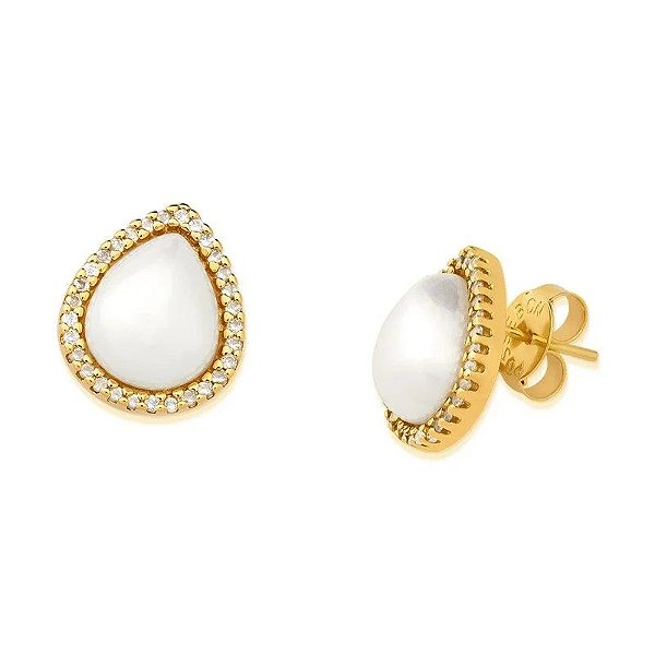 Brinco gota pérola shell branca  ouro semijoia