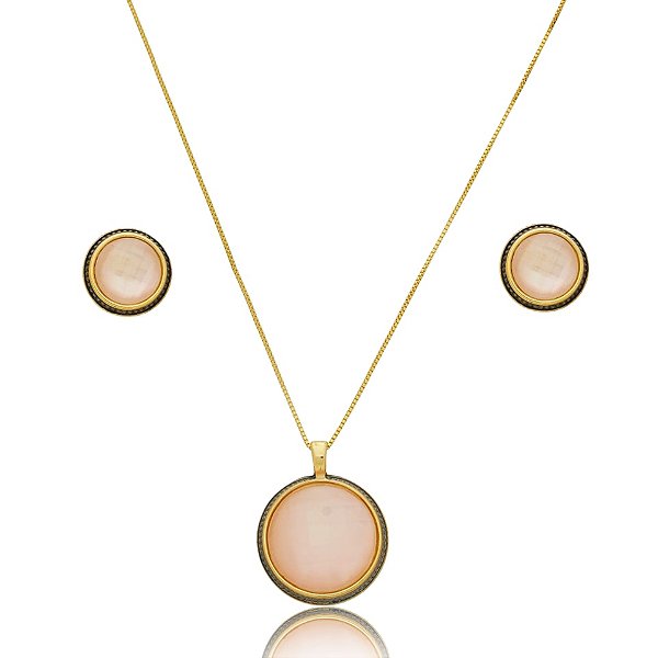 Colar e brinco redondo pedra natural madrepérola rosa semijoia