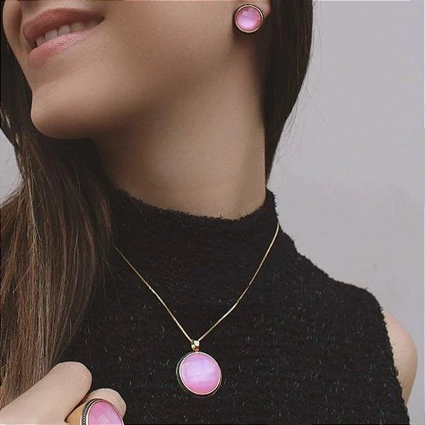 Colar e brinco redondo pedra natural madrepérola rosa semijoia