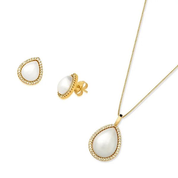 Colar e brinco gota pérola shell zircônia ouro semijoia