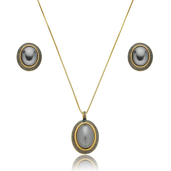 Colar e brinco oval pérola grafite ouro semijoia
