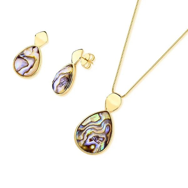 Colar e brinco gota pedra natural abalone ouro semijoia