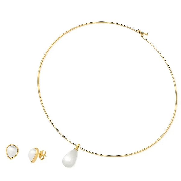 Colar e brinco gota pérola shell branca ouro semijoia