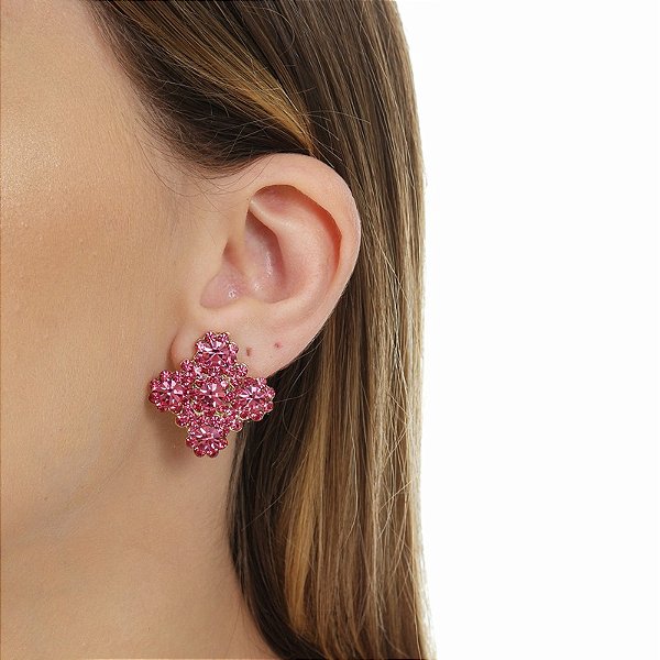 Brinco Leticia Sarabia quadrado curvas cristal rosa rose 6295