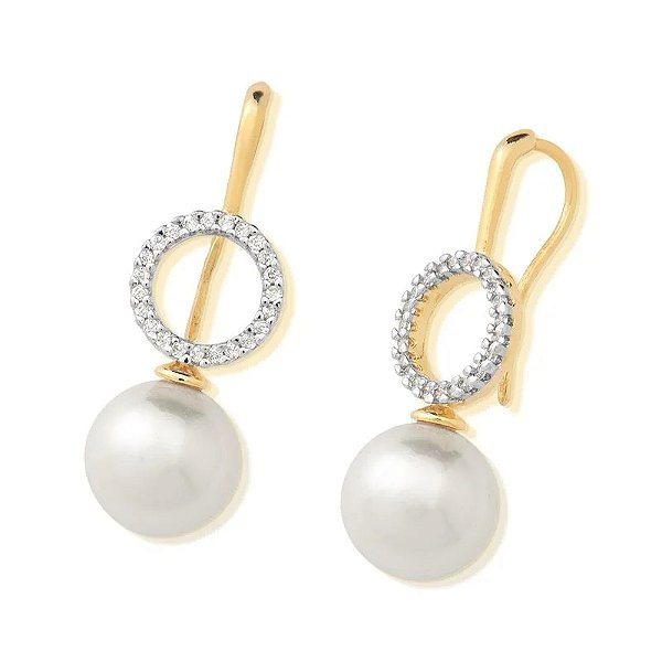 Brinco gancho pérola shell zircônia ouro semijoia