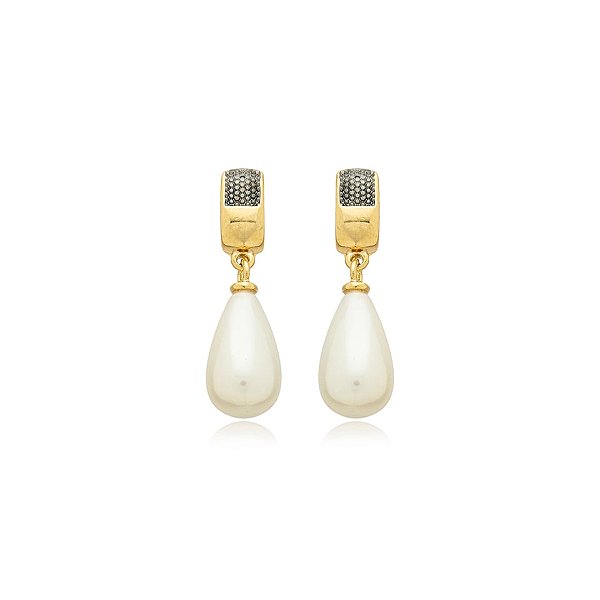 Brinco pérola shell gota ouro e ródio negro semijoia