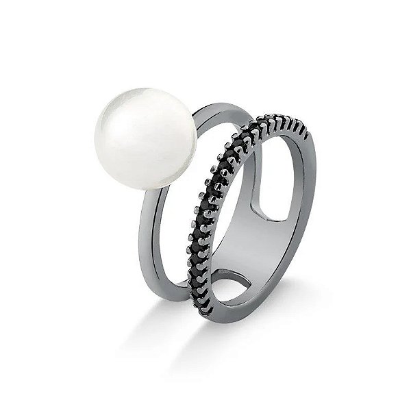 Anel pérola shell com zircônia preta ródio negro semijoia