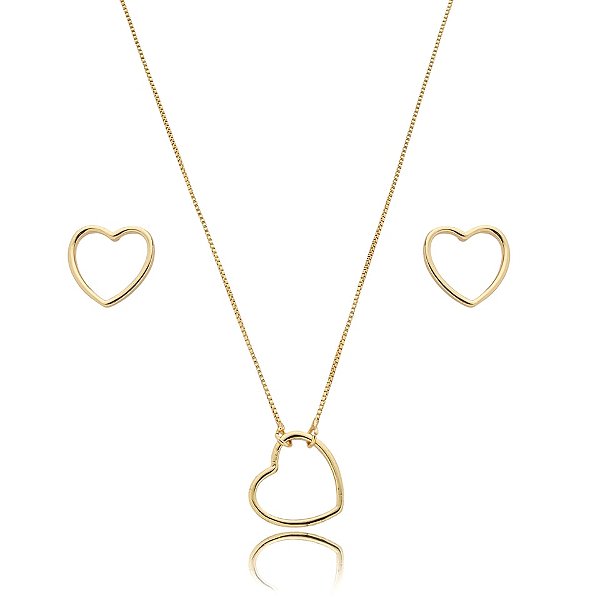 Colar e brinco coração vazado ouro semijoia 19K15036
