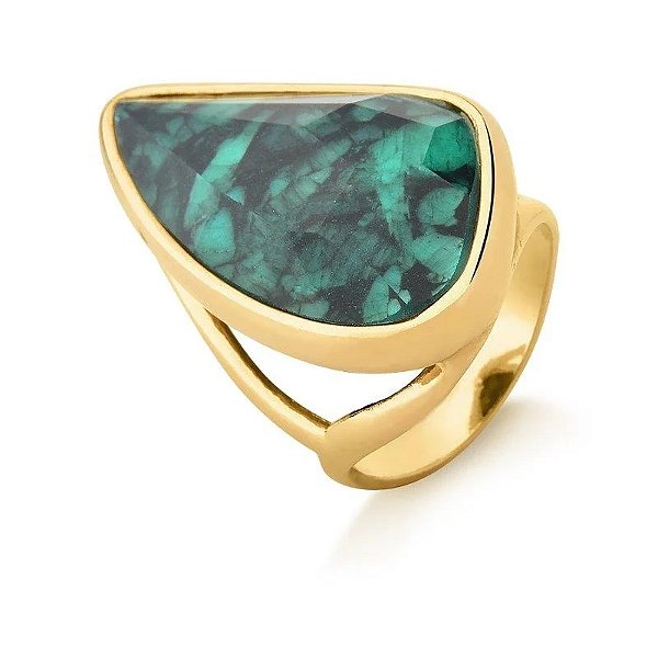 Anel geométrico pedra natural esmeralda ouro semijoia