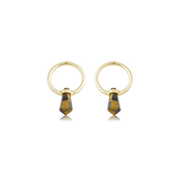 Brinco argola frontal pedra natural olho de tigre ouro semijoia