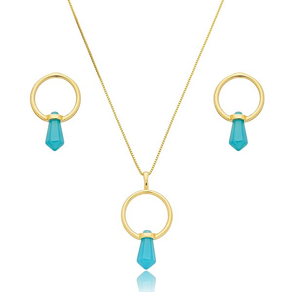 Colar e brinco geométrico pedra natural ágata azul céu ouro semijoia