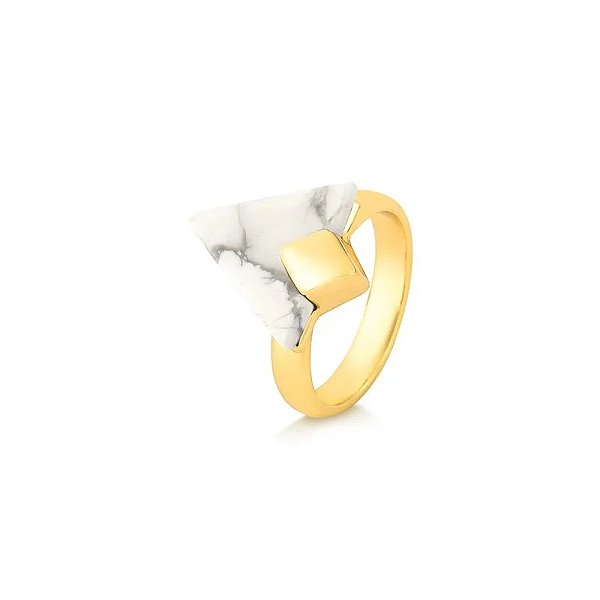 Anel geométrico pedra natural howlita branca ouro semijoia