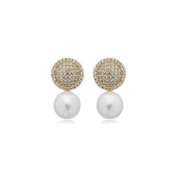 Brinco pérola zircônia ouro semijoia 18K08015