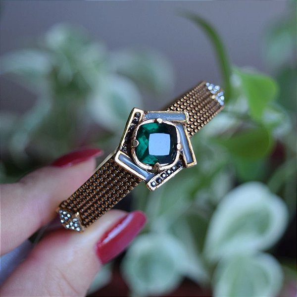 Bracelete ajustável Claudia Arbex cristal verde ouro vintage semijoia