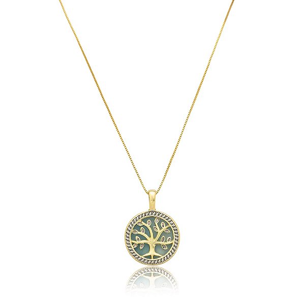 Colar árvore da vida pedra natural ágata azul céu ouro semijoia