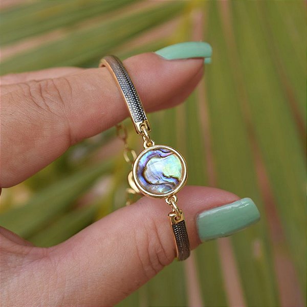 Bracelete ajustável pedra natural abalone ouro semijoia