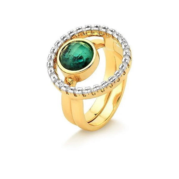 Anel duplo pedra natural redonda esmeralda zircônia ouro semijoia