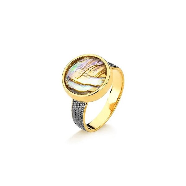 Anel redondo pedra natural abalone ouro semijoia