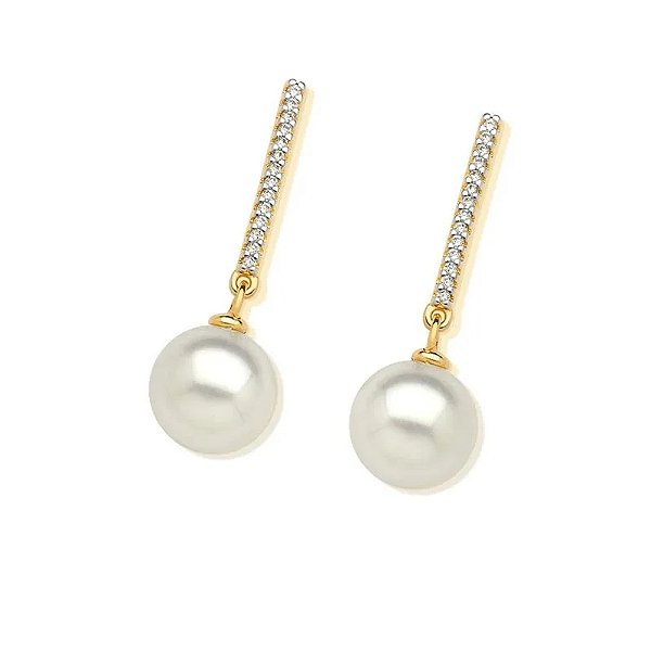 Brinco palito pérola shell zircônia ouro semijoia