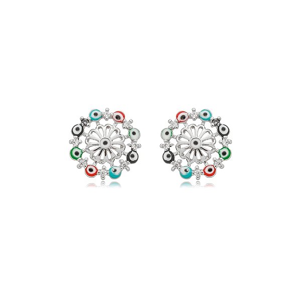 Brinco redondo vazado olho grego colorido ródio semijoia