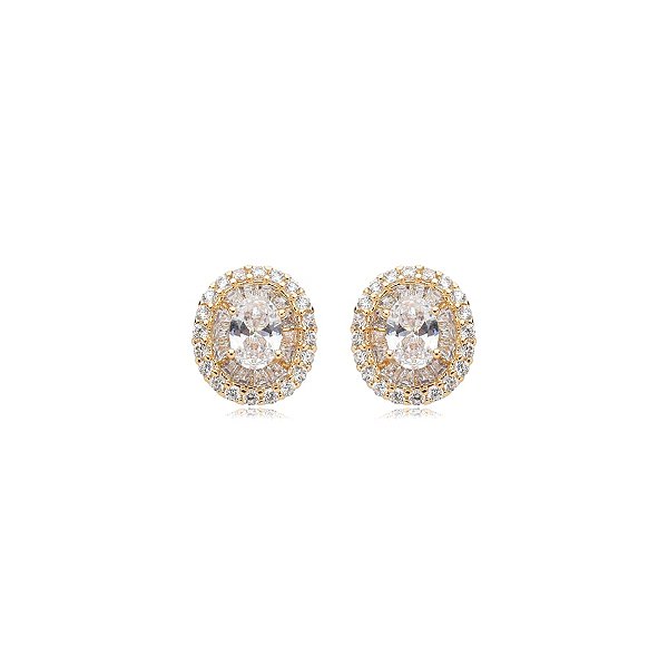 Brinco oval zircônia ouro semijoia 18K09013