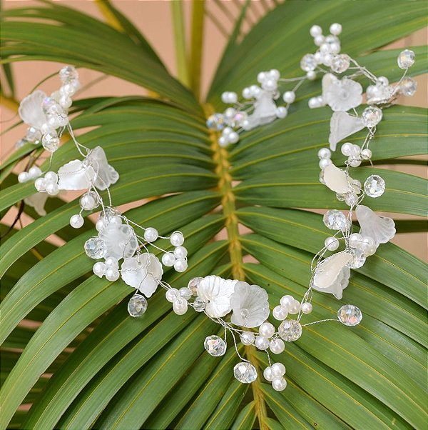 Tiara fio grinalda noiva flores com pérolas e cristais