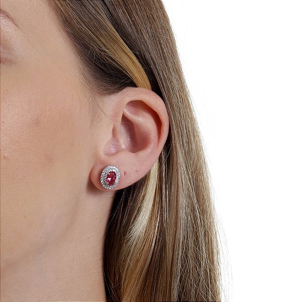 Brinco oval zircônia rosa ródio semijoia 15k08024