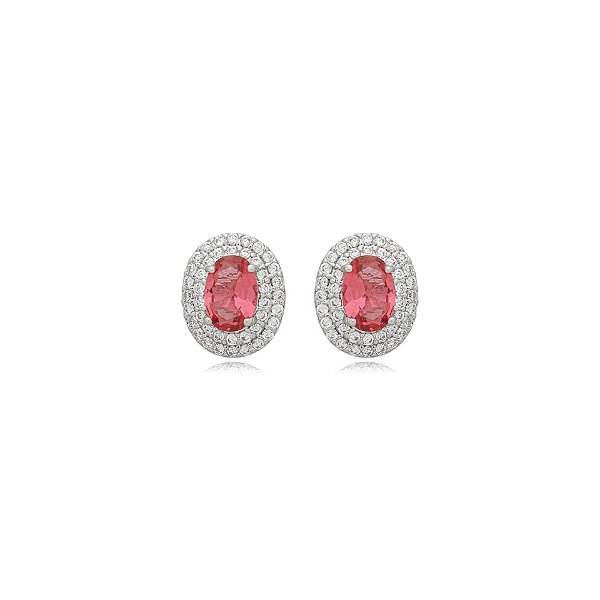 Brinco oval zircônia rosa ródio semijoia 15k08024