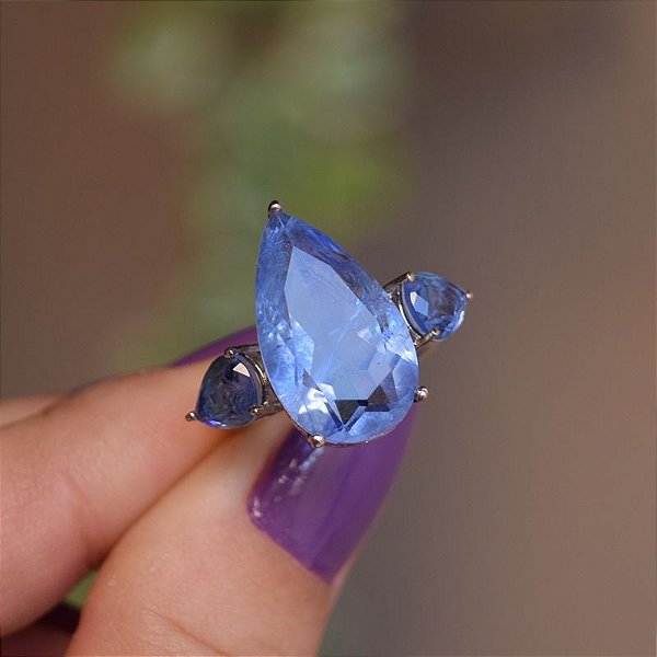 Anel gota cristal fusion azul ródio semijoia