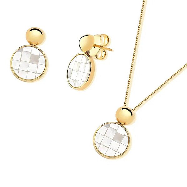 Colar e brinco pedra natural madrepérola mosaico ouro semijoia