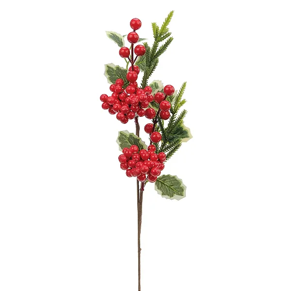 Galho de Natal com Berries Vermelhas e Azevinho Variegato