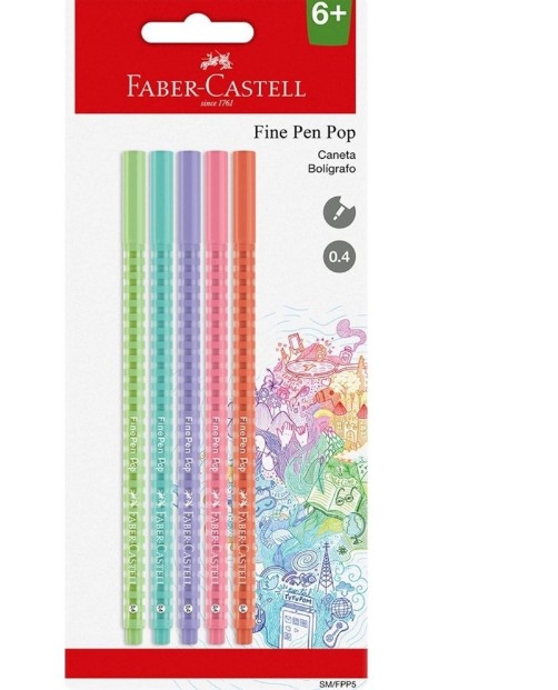 Caneta Fine Pen Pop faber castell Ponta Fina 0.4mm C/5 Cores