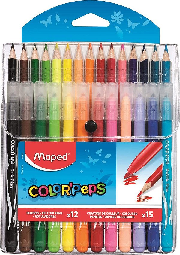 Kit 15 Lápis de Cor + 12 Canetas Hidrográficas Color Peps Maped