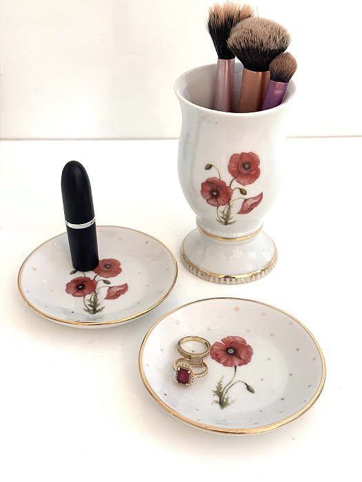 Vaso e Pratinhos Porta Joias Porcelana 3 Pçs