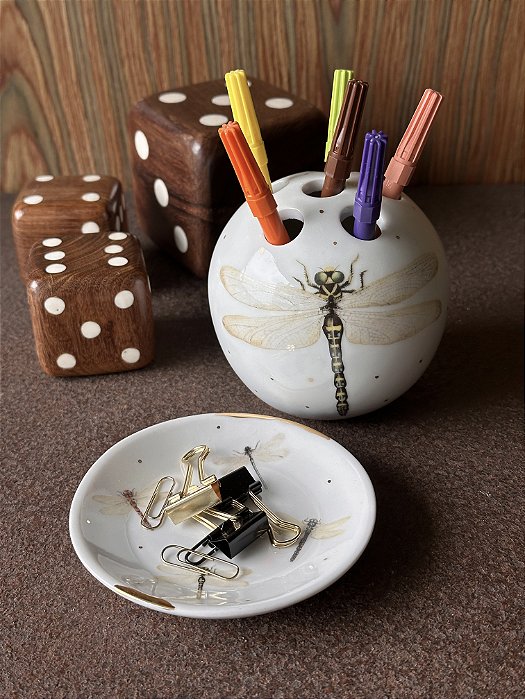 Porta Caneta e Pratinho Libélula Porcelana