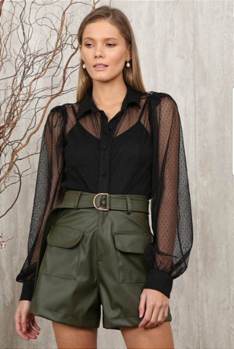 Short Couro Eco com cinto - VERDE