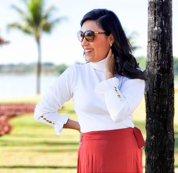 Blusa Gola com Punho botões - Blusa Layla - Branca