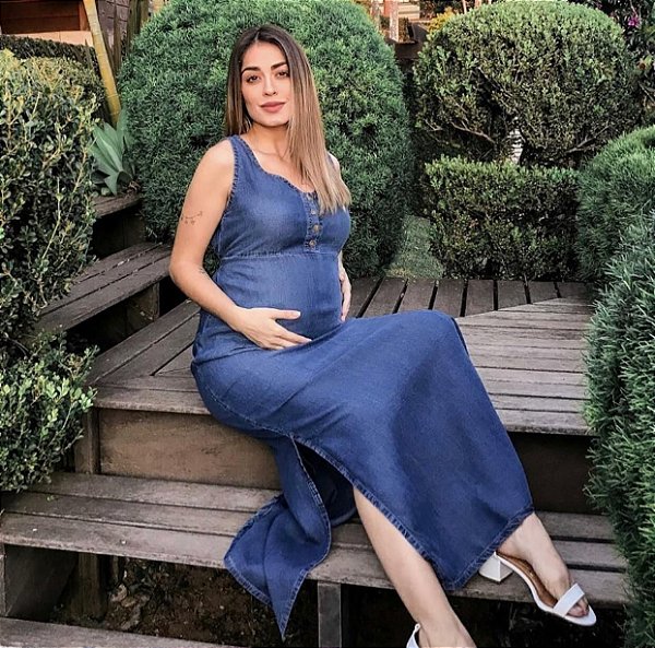 vestido jeans longo para gestante