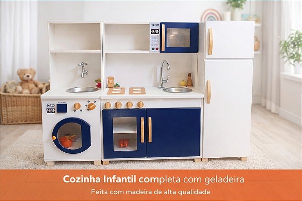 Brinquedoteca Infantil Completa em Madeira – Cozinha + Geladeira + Lavanderia